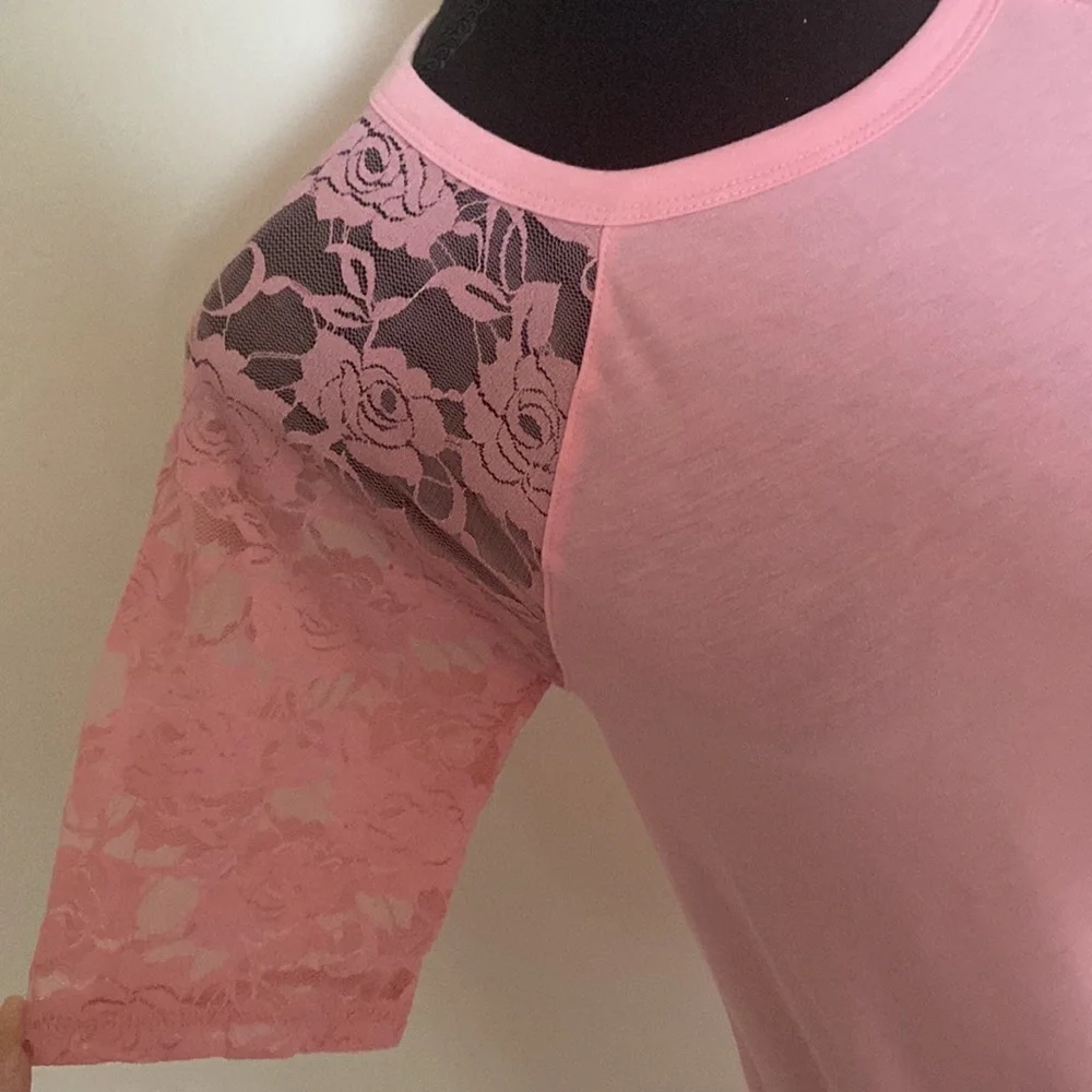 Zenana Pink Short Sleeve Shirt With Rose Lace Sleeves - Picture 10 of 16